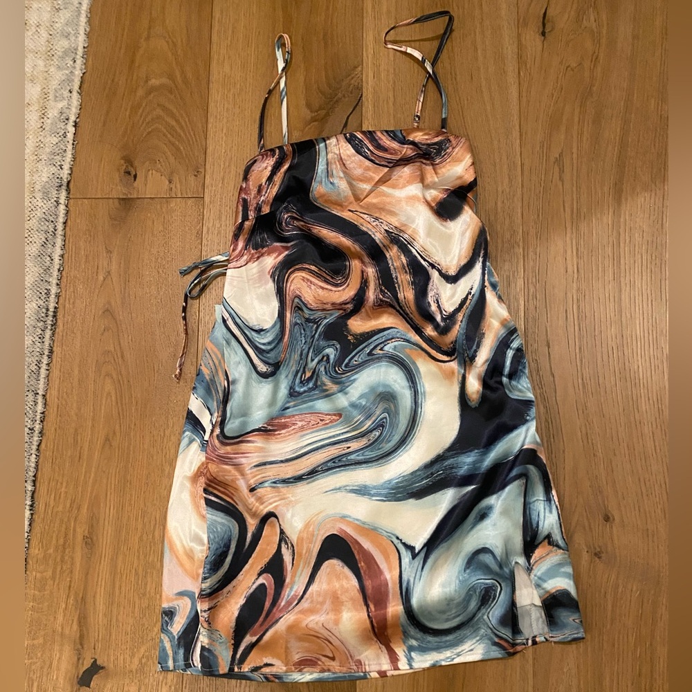 Kendall & Kylie Satin Dress with Blue and Brown Accents
